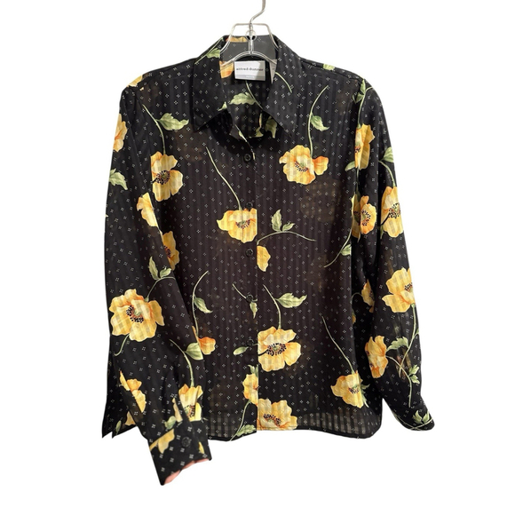 Alfred Dunner Floral Button Down Sheer Blouse Womens 8P Black Gold Long Sleeve - Picture 17 of 17